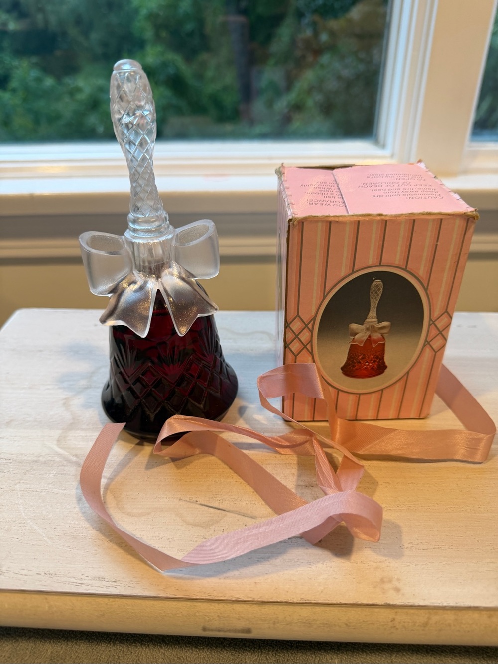 Avon Vintage Ruby Red Glass Bell with Pink Ribbon Accent- Crystalsong